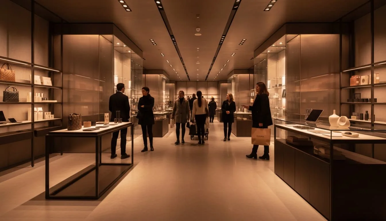 Modern retail store with strategic layout design guiding customer movement through curved pathways and strategic product placement