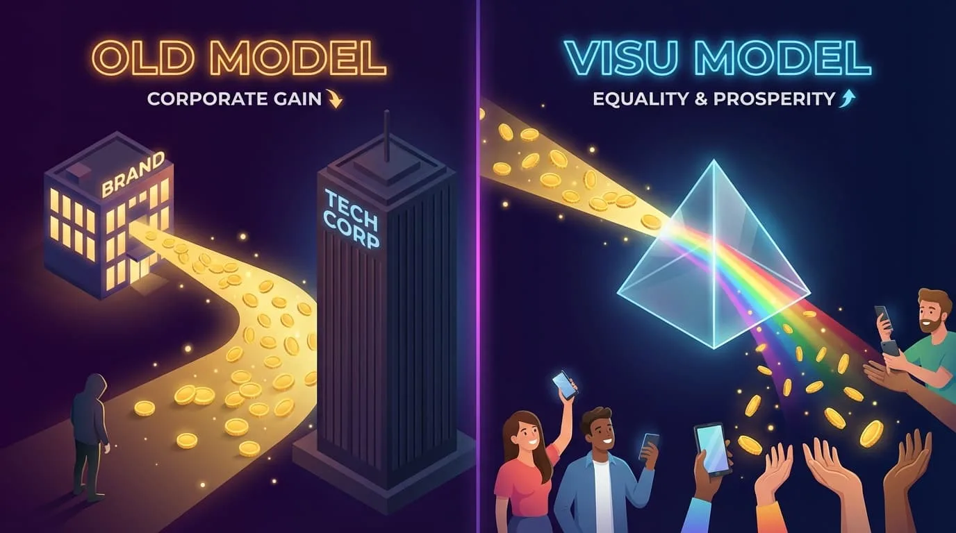 Comparación del flujo de ingresos publicitarios tradicional frente al modelo de recompensas por atención de VISU