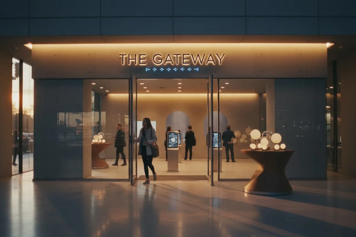 Cliente entrando en una tienda retail moderna con diseño claro y señalización visual útil