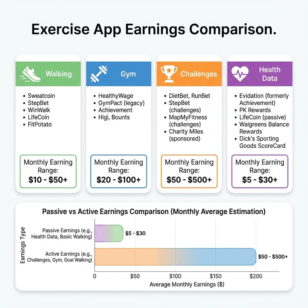 Comparação de apps que pagam pra exercitar mostrando ganhos e tipos de atividade