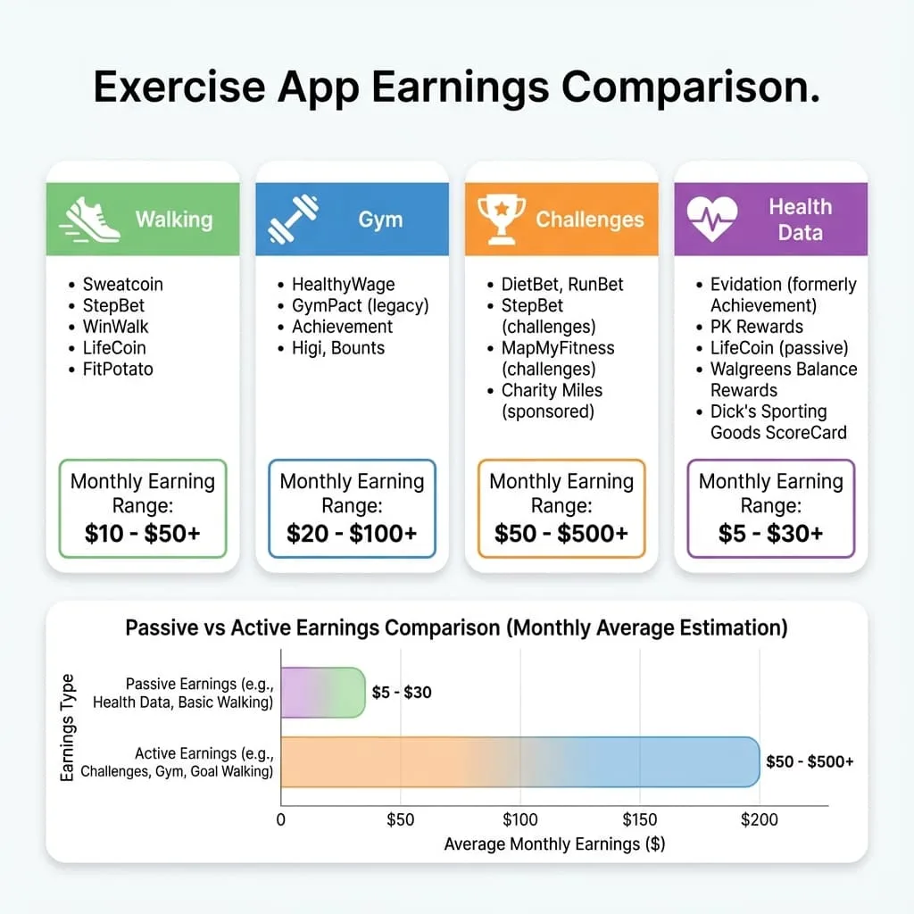 Comparison of apps that pay for exercise showing earnings and activity types