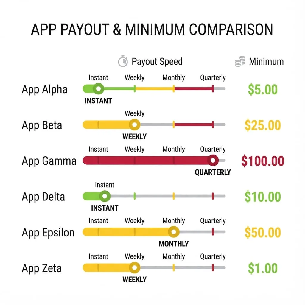 Comparison of apps that pay to PayPal showing payout speed and minimum