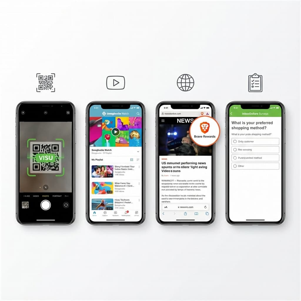 Four smartphone screens showing different attention reward apps: VISU with QR scanning, Swagbucks with video surveys, Brave browser, and InboxDollars
