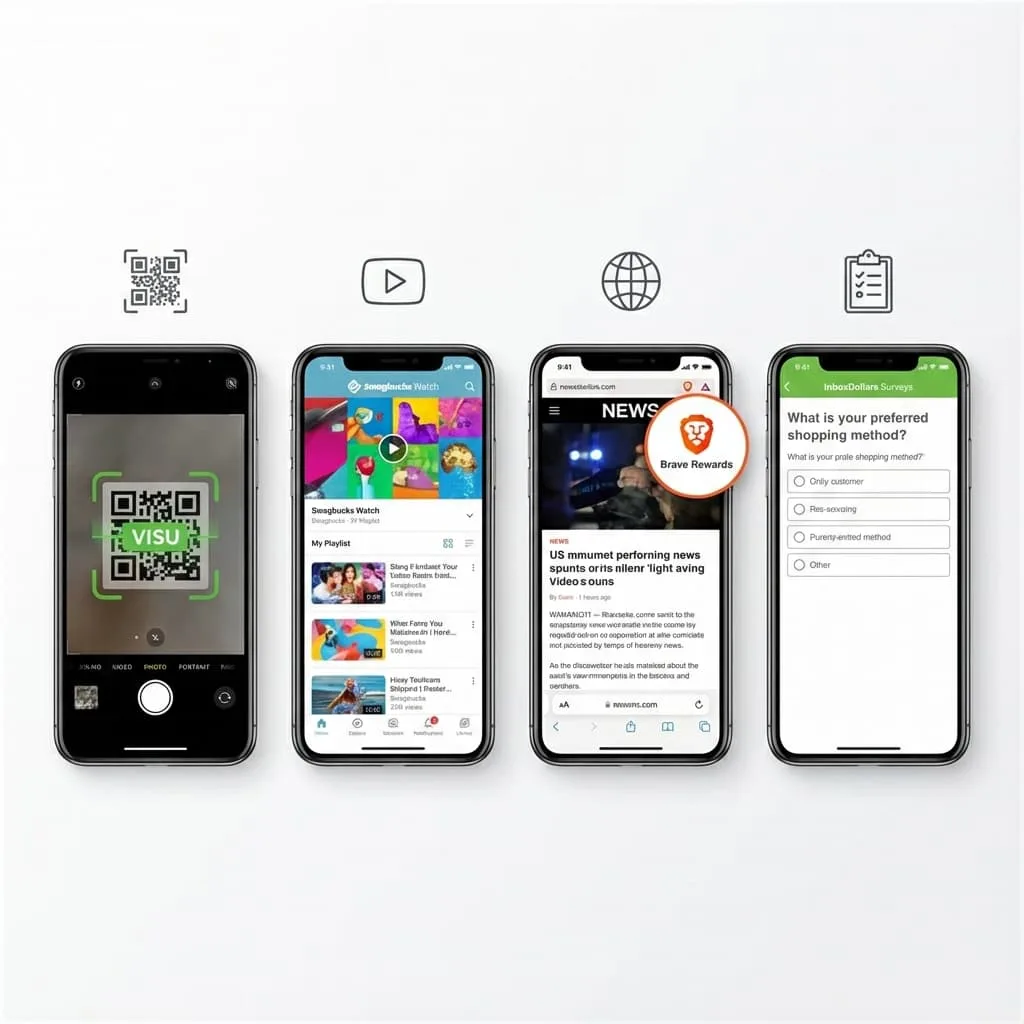 Four smartphone screens showing different attention reward apps: VISU with QR scanning, Swagbucks with video surveys, Brave browser, and InboxDollars