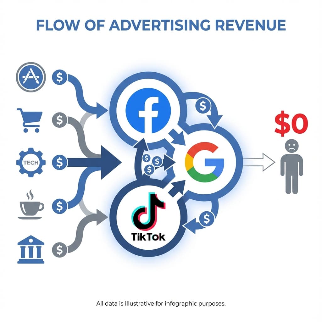 Diagram showing how advertising money flows from brands to platforms like Facebook and Google, with users receiving nothing