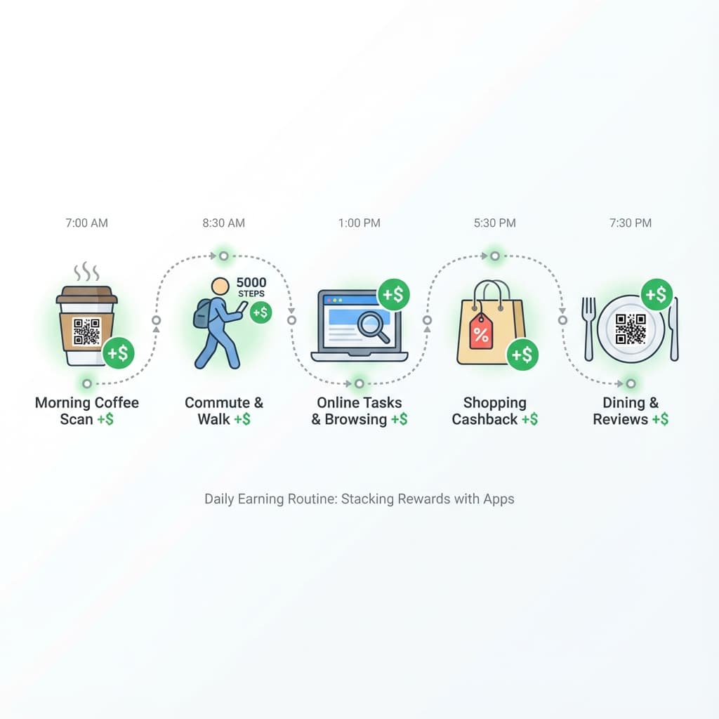 Infographic showing how to stack multiple attention apps throughout the day: VISU at coffee shop, Brave while browsing, walking apps during commute, cashback when shopping