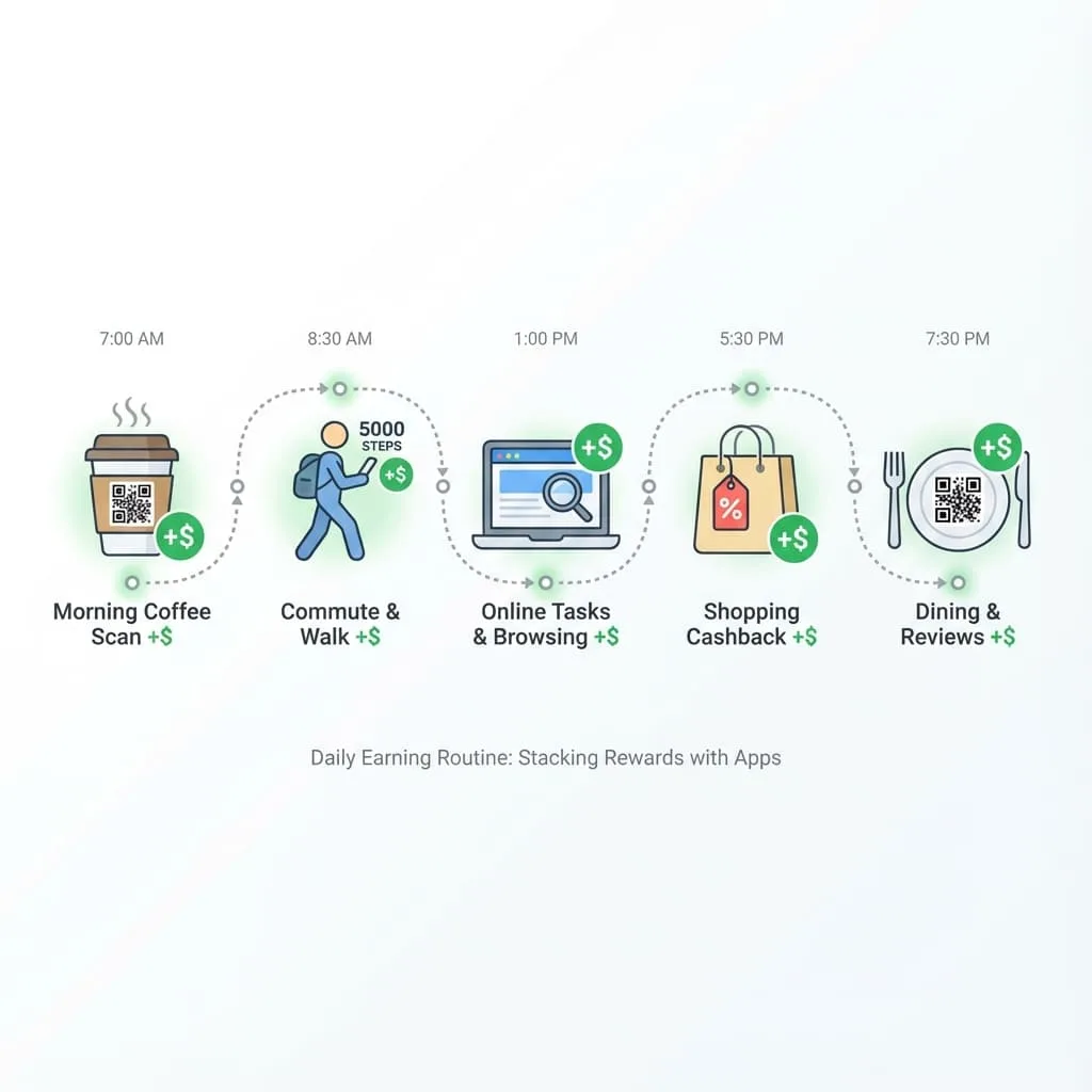 Infographic showing how to stack multiple attention apps throughout the day: VISU at coffee shop, Brave while browsing, walking apps during commute, cashback when shopping