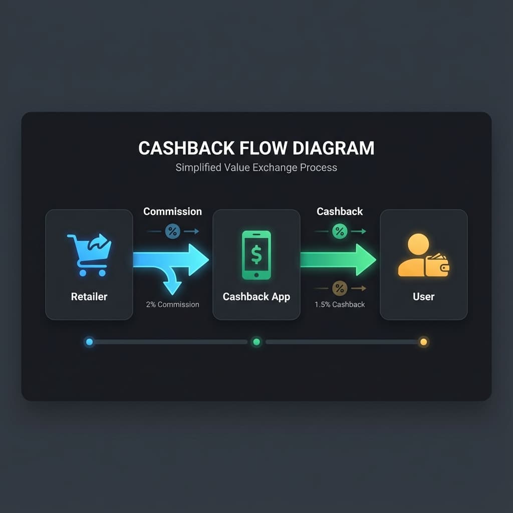Diagram showing how cashback apps earn commission from retailers and share with users