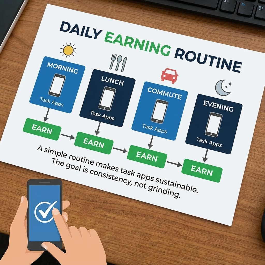 Daily routine timeline showing short earning blocks in morning, lunch, commute, and evening using task apps