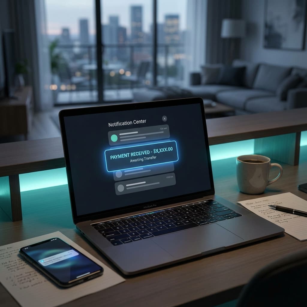 Freelancer receiving instant payment notification after completing client project