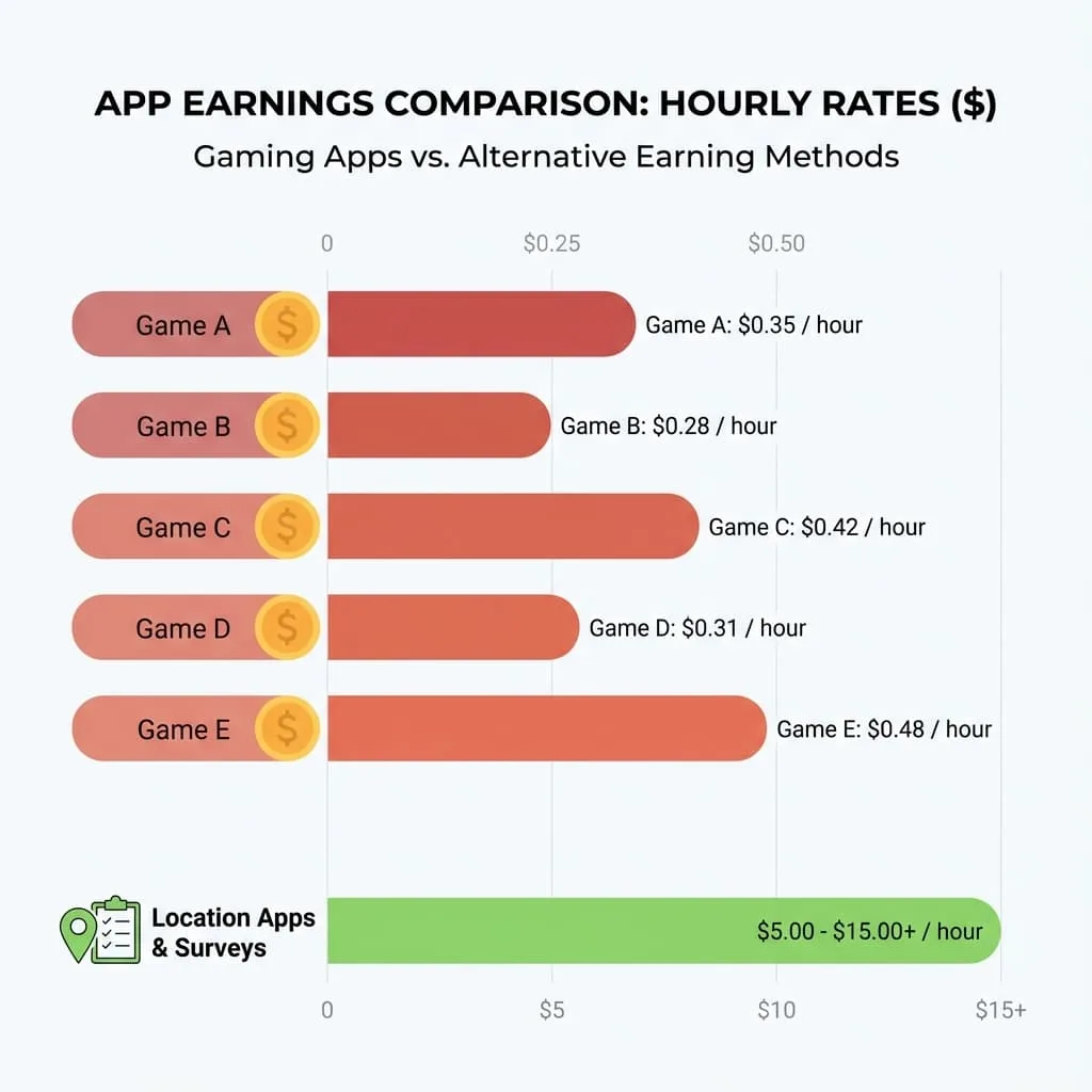 Comparação de apps de jogos que pagam dinheiro mostrando ganhos e tempo necessário
