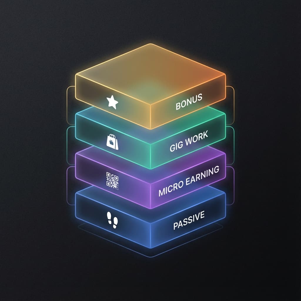 Diagrama mostrando quatro camadas de renda: base passiva, micro ganhos, trabalho flexível e oportunidades bônus