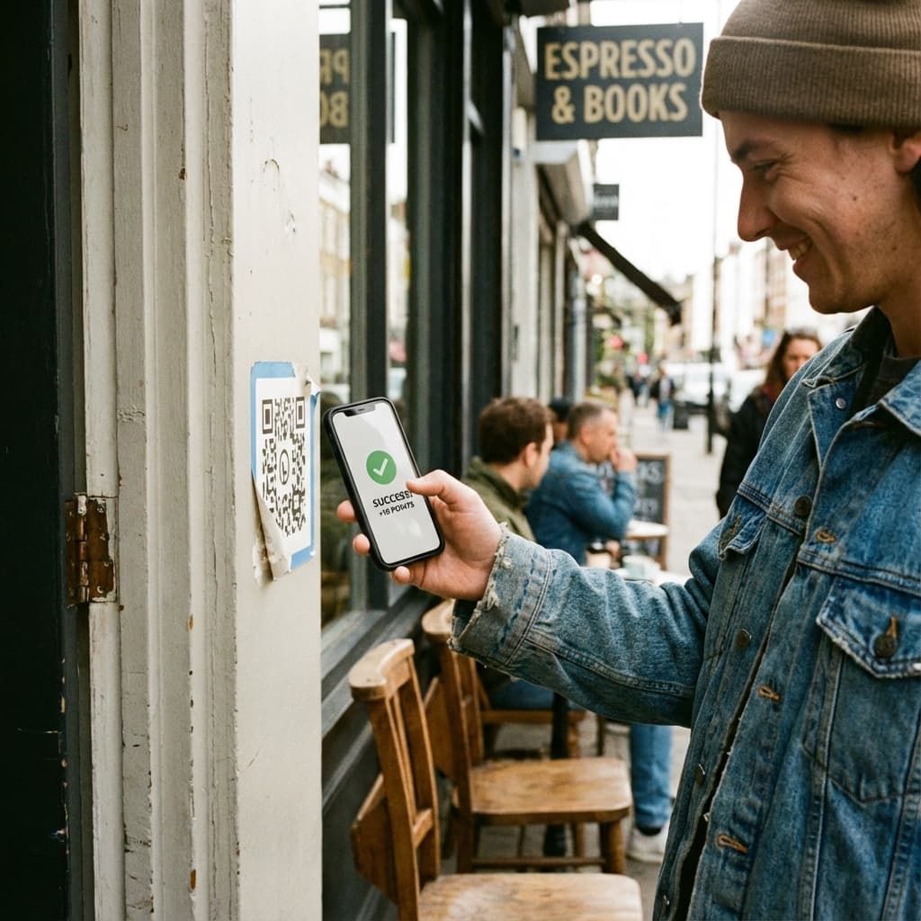 Person using a phone to earn rewards by scanning a QR code at a physical store