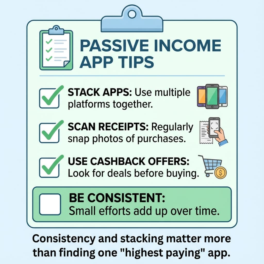 Checklist graphic of passive income app tips like stacking apps, scanning receipts, and using cashback offers