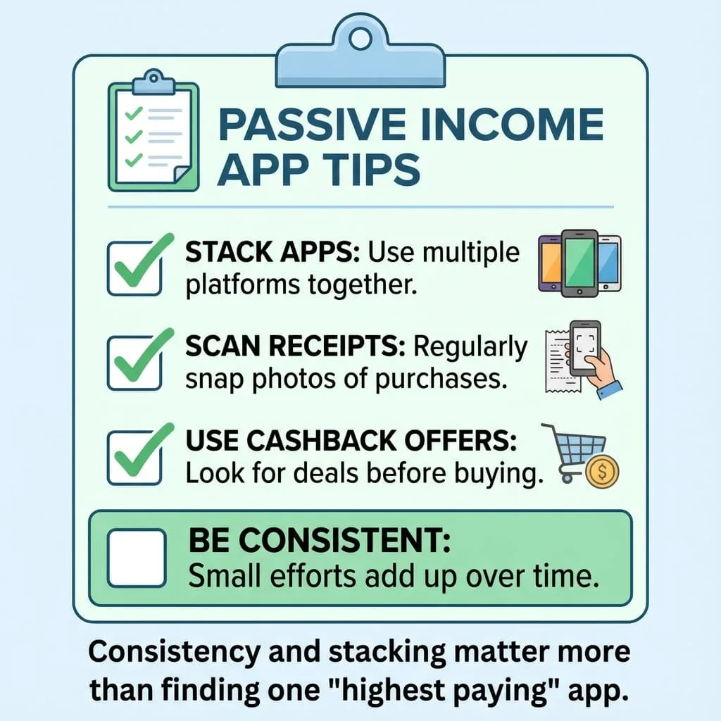 Checklist com dicas para ganhar renda passiva com apps, como combinar apps, escanear notas e ativar cashback