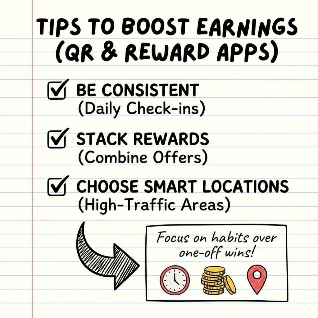 Checklist style illustration showing tips to increase earnings with QR scans and reward apps