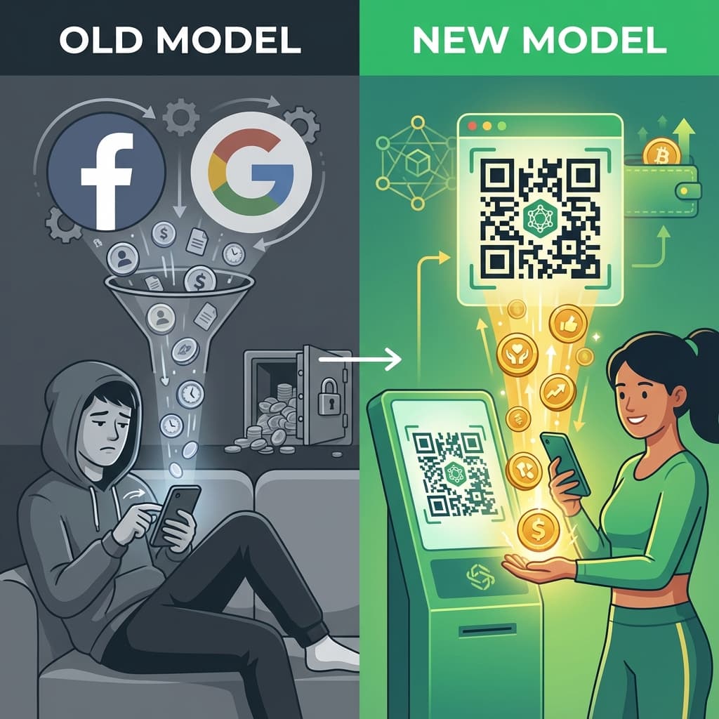 Split comparison showing traditional ad model where platforms profit versus new model where users earn from verified attention
