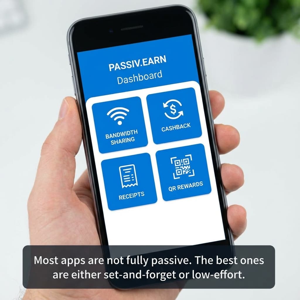 Phone showing passive income apps dashboard with simple categories like bandwidth sharing, cashback, receipts, and QR rewards