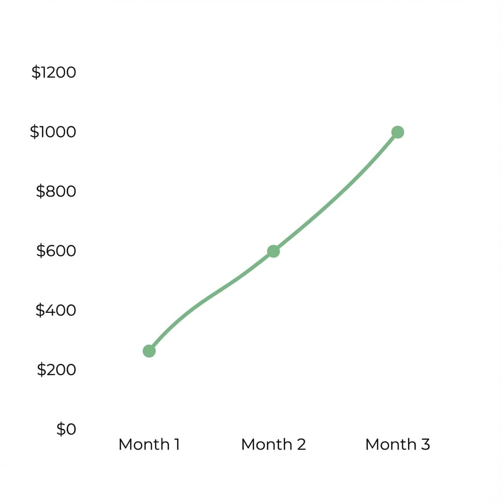 Graph showing income growth from $200 to $1000 over 90 days