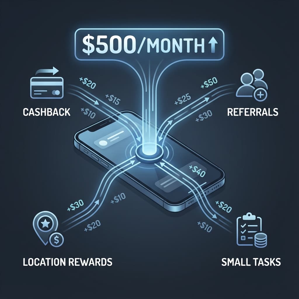 Illustration showing multiple small income streams from a phone stacking toward a $500 monthly goal