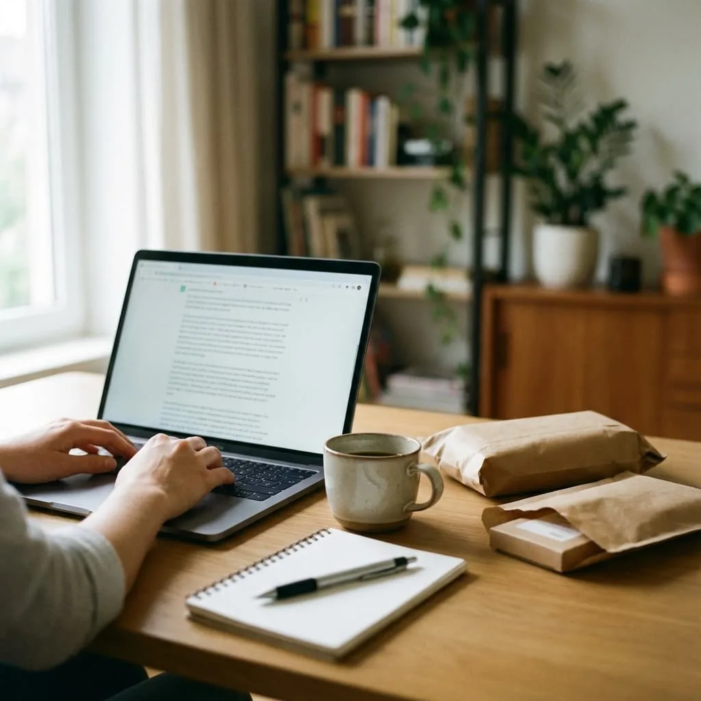 Person writing detailed product review on laptop with products nearby for testing