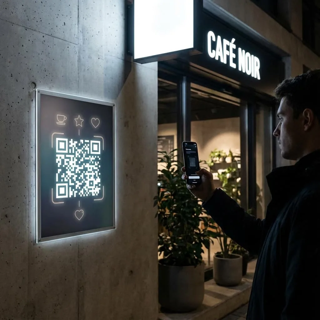 Person scanning a QR code at a local business to unlock rewards on a mobile app