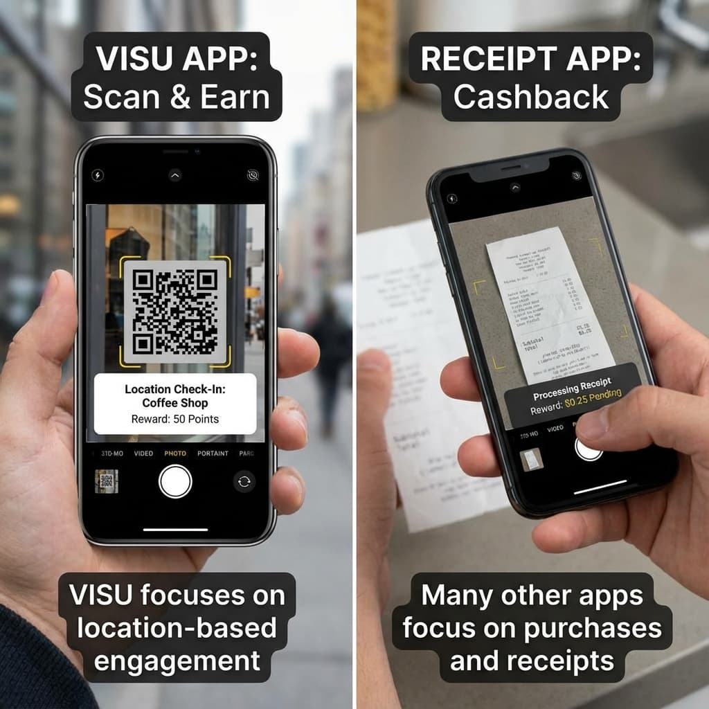Side-by-side comparison concept showing QR scanning rewards versus receipt cashback rewards on a phone