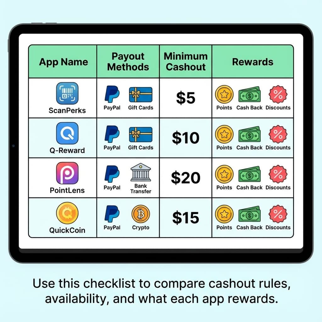 Comparison table illustration of QR scanning reward apps showing payout methods and minimum cashout