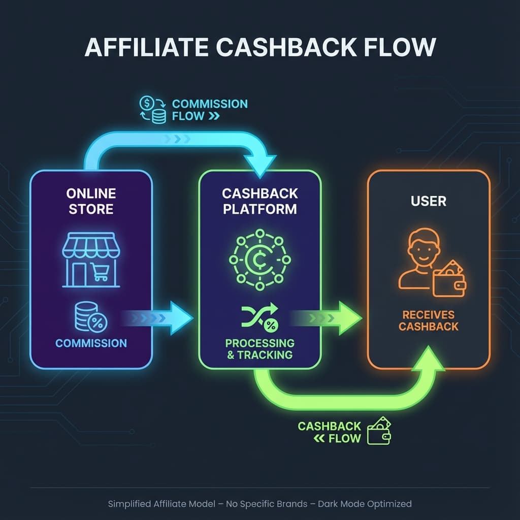 Diagram showing how Rakuten earns commission from retailers and shares cashback with users