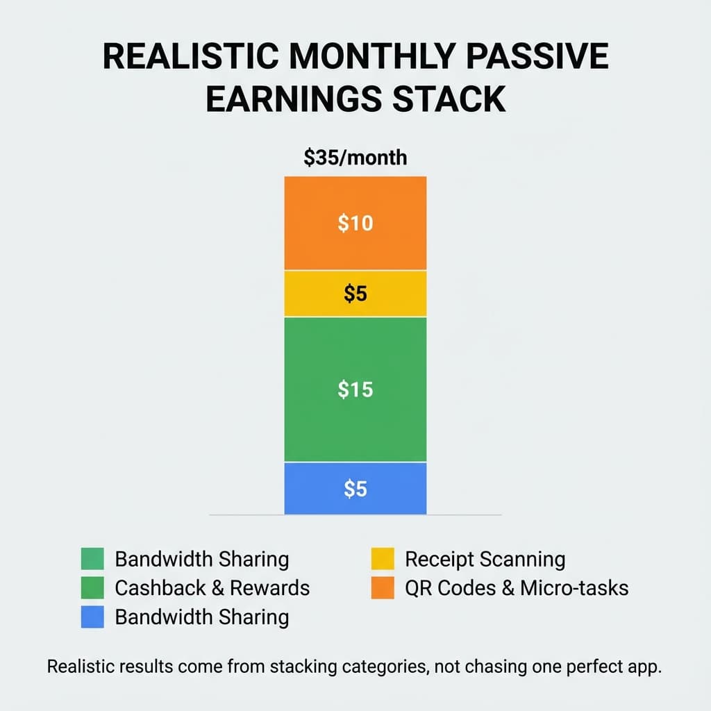 Simple chart showing a realistic monthly earnings stack from passive apps like bandwidth sharing, cashback, receipts, and QR rewards