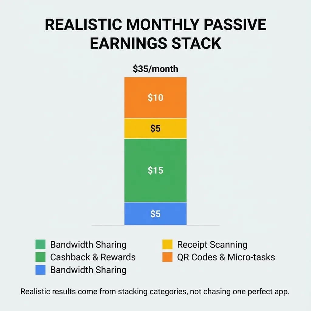 Simple chart showing a realistic monthly earnings stack from passive apps like bandwidth sharing, cashback, receipts, and QR rewards