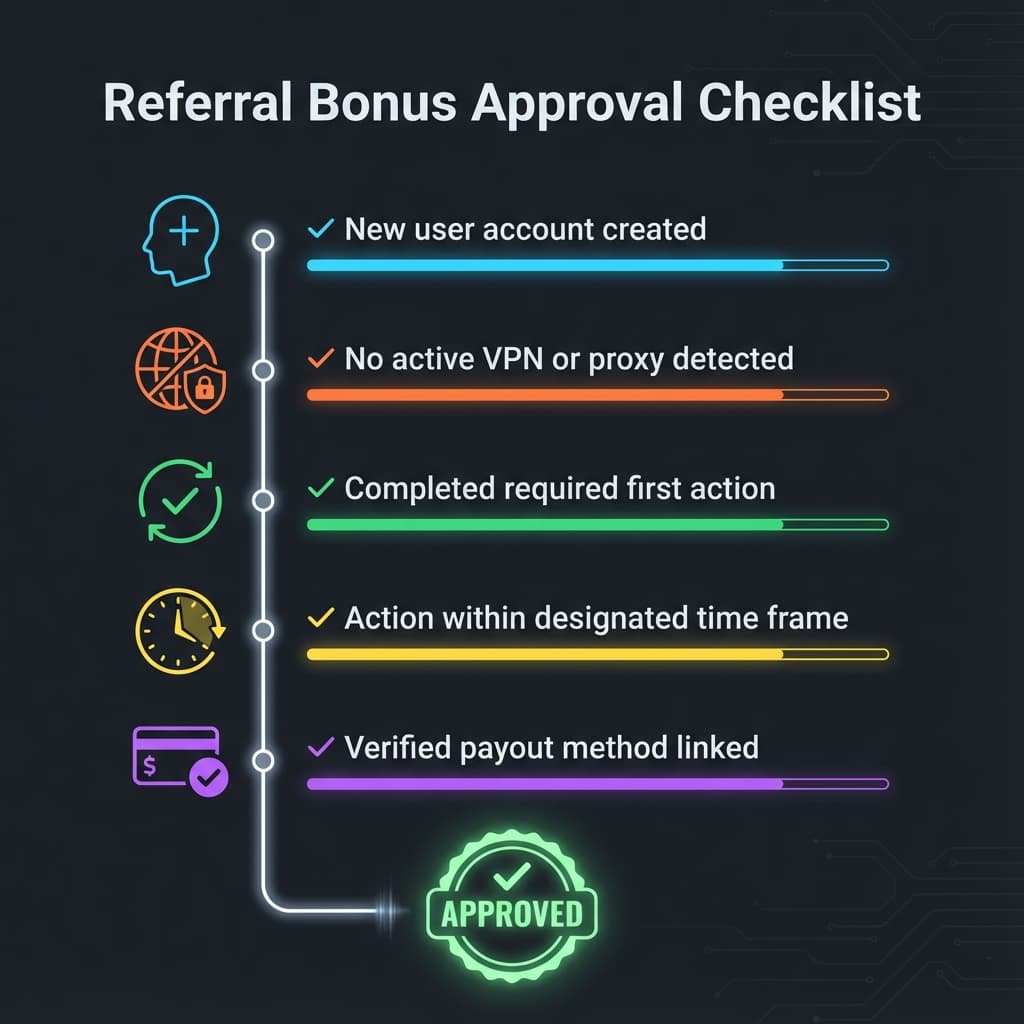 Checklist illustration showing the key steps to get referral bonuses approved