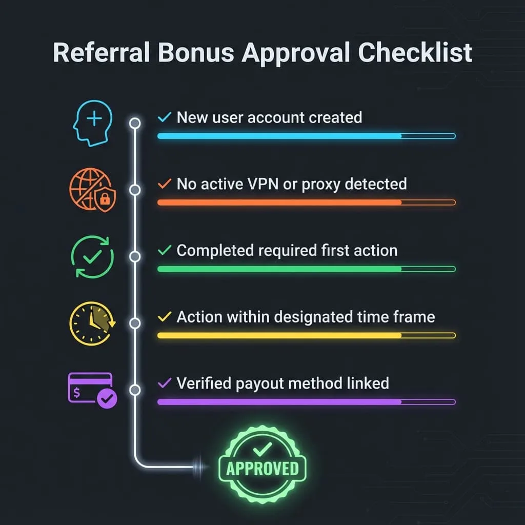 Checklist illustration showing the key steps to get referral bonuses approved