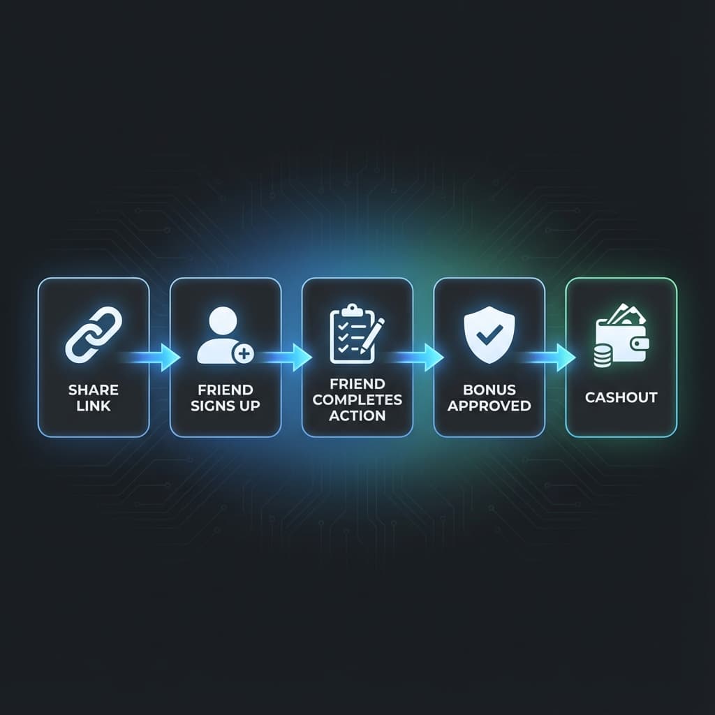 Flowchart showing referral link shared, friend signs up, completes required action, and bonus is paid