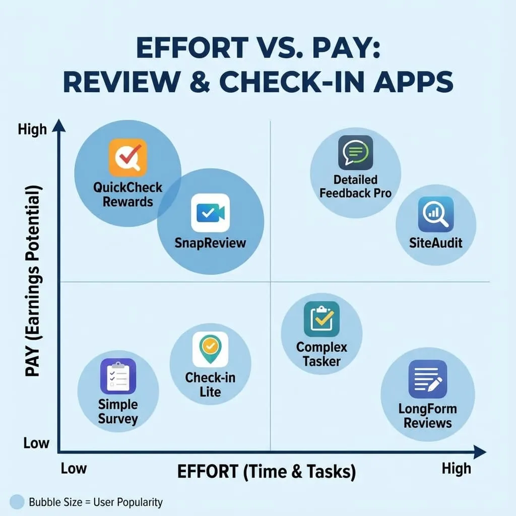 Visual comparison chart showing effort vs pay for different review and check-in apps