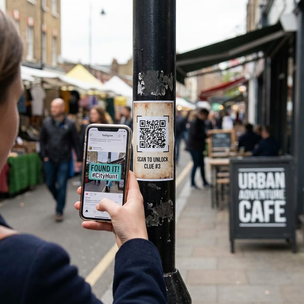 Ilustração de campanha de caça ao tesouro com múltiplas localizações de QR code e compartilhamento social