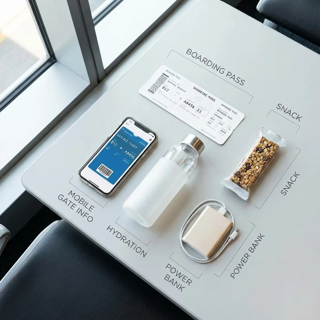 Priority checklist for short airport layovers showing gate, food, charging, and boarding order