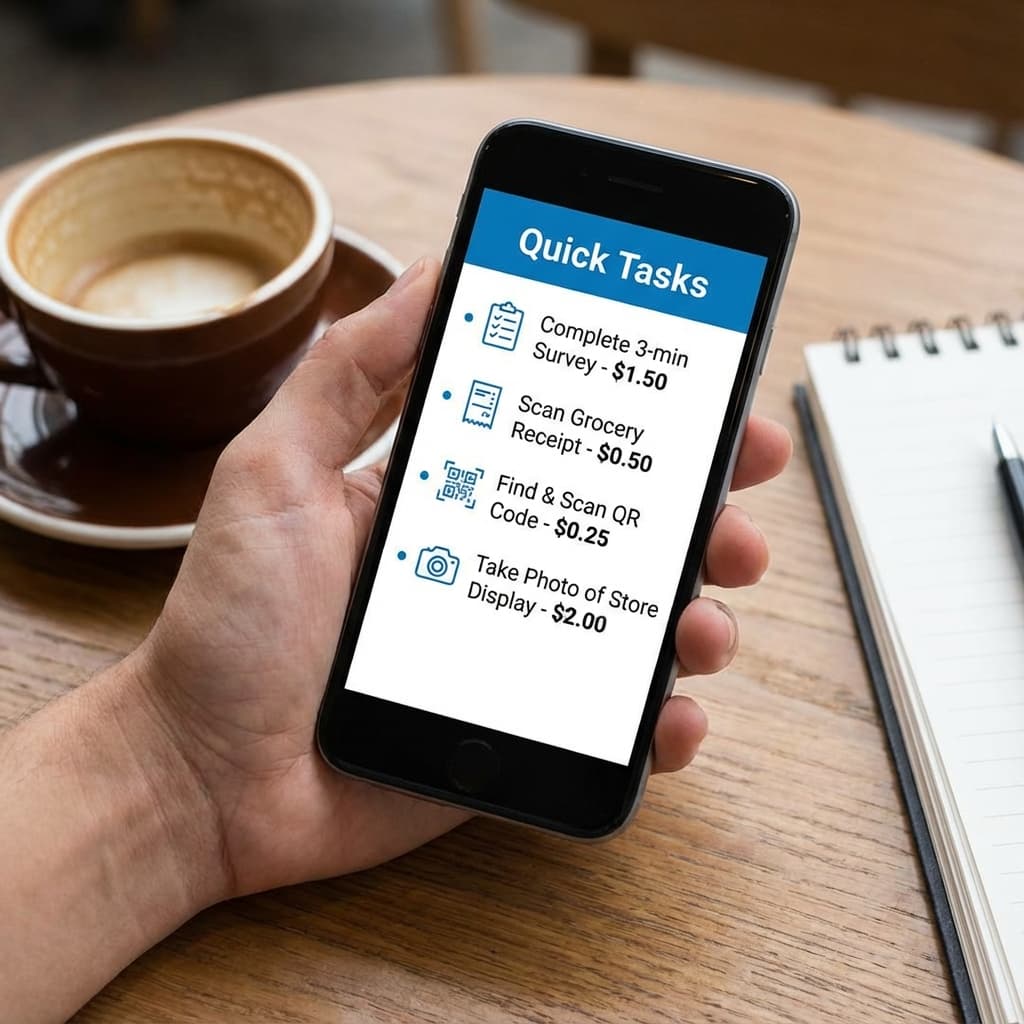Smartphone showing a list of quick earning tasks like surveys, receipt scans, QR scans, and photo missions