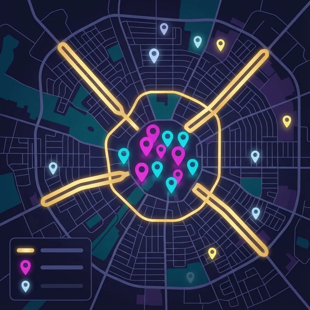 Mapa ilustrado de uma cidade com corredores comerciais destacados e pinos mostrando maior densidade de campanhas no centro