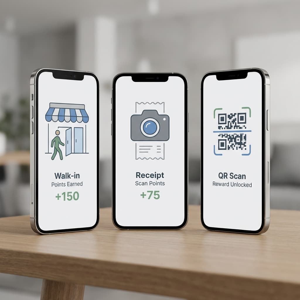 Phone screens showing three apps earning from one errand: store walk-in points, receipt points, and QR scan rewards