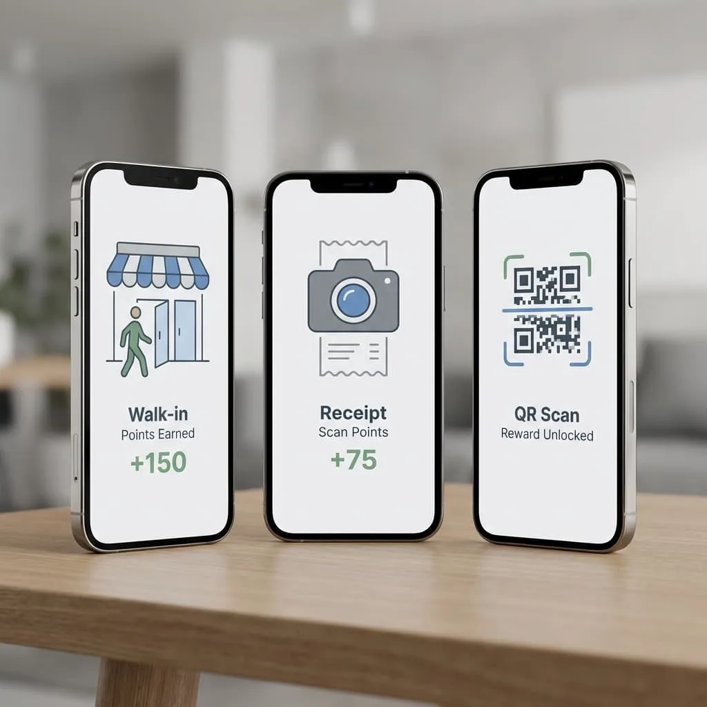 Telas de celulares mostrando três tipos de recompensa no mesmo passeio: pontos por entrar na loja, pontos por recibo e recompensa por escanear QR Code