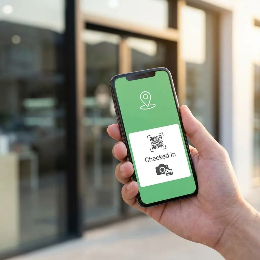 Celular mostrando tela de check-in por localização ao lado da entrada de uma loja, com ícones de GPS, escaneamento de QR Code e comprovação por foto