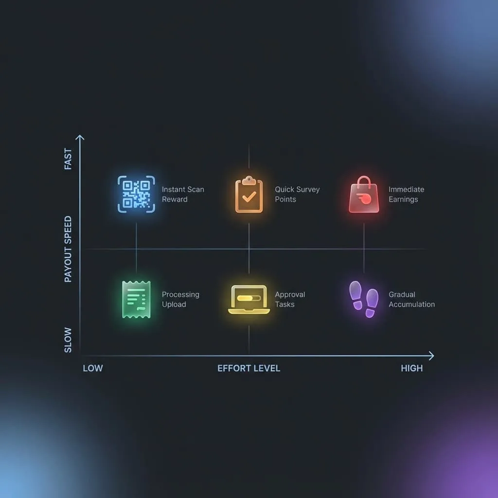 Comparison style graphic showing money apps for students by effort level and payout speed