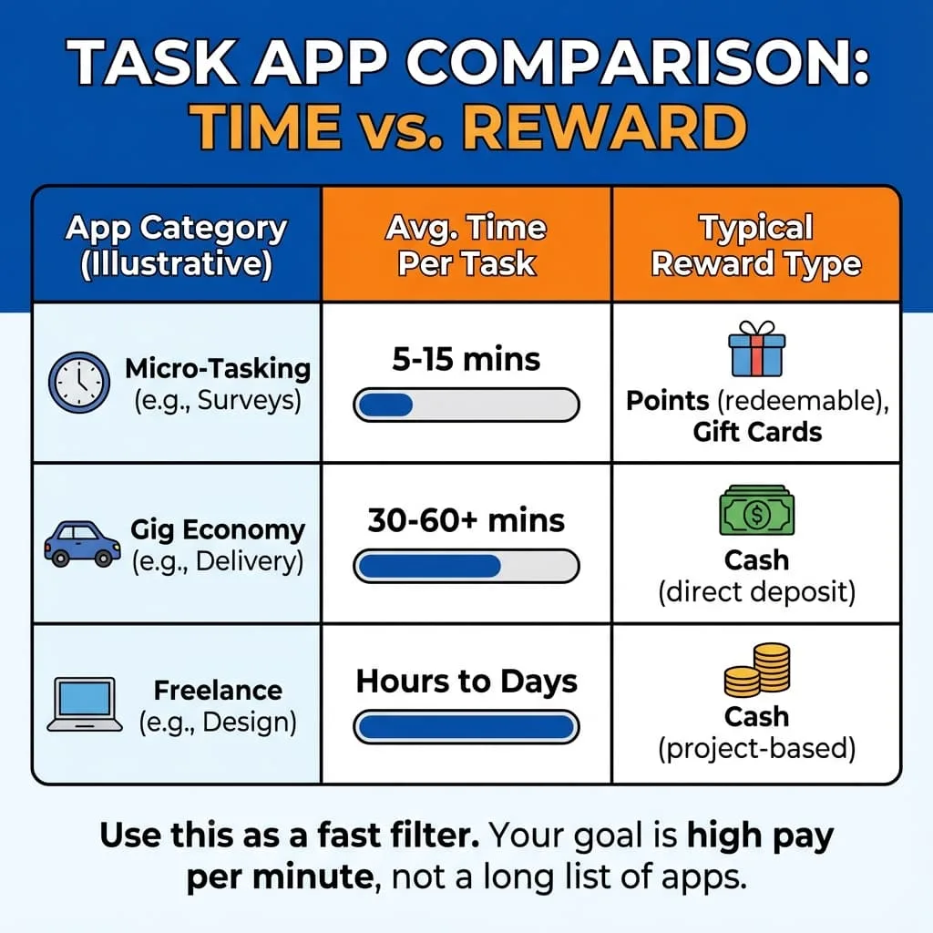Comparison table illustration of task apps ranked by time per task and typical reward type like points, cash, or gift cards