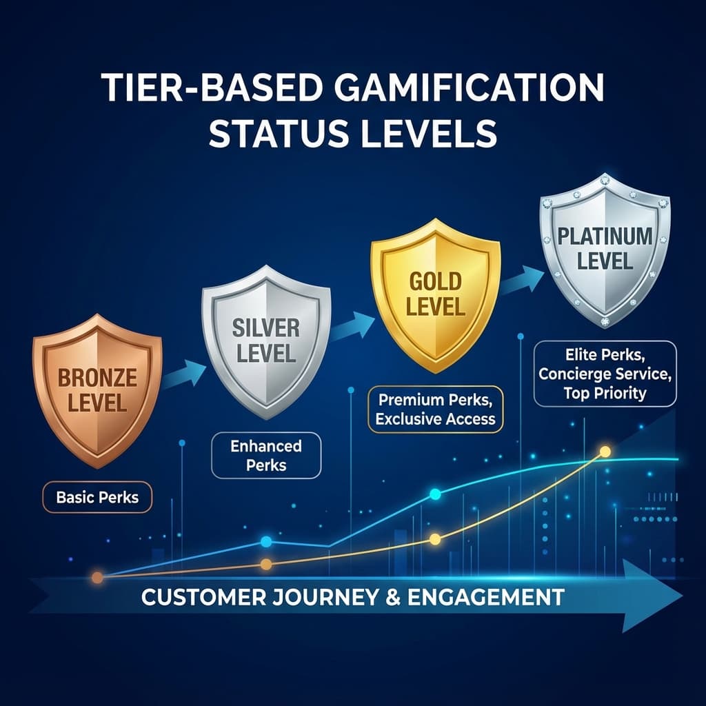 Ilustração de níveis de fidelidade com status Bronze, Prata e Ouro com benefícios crescentes