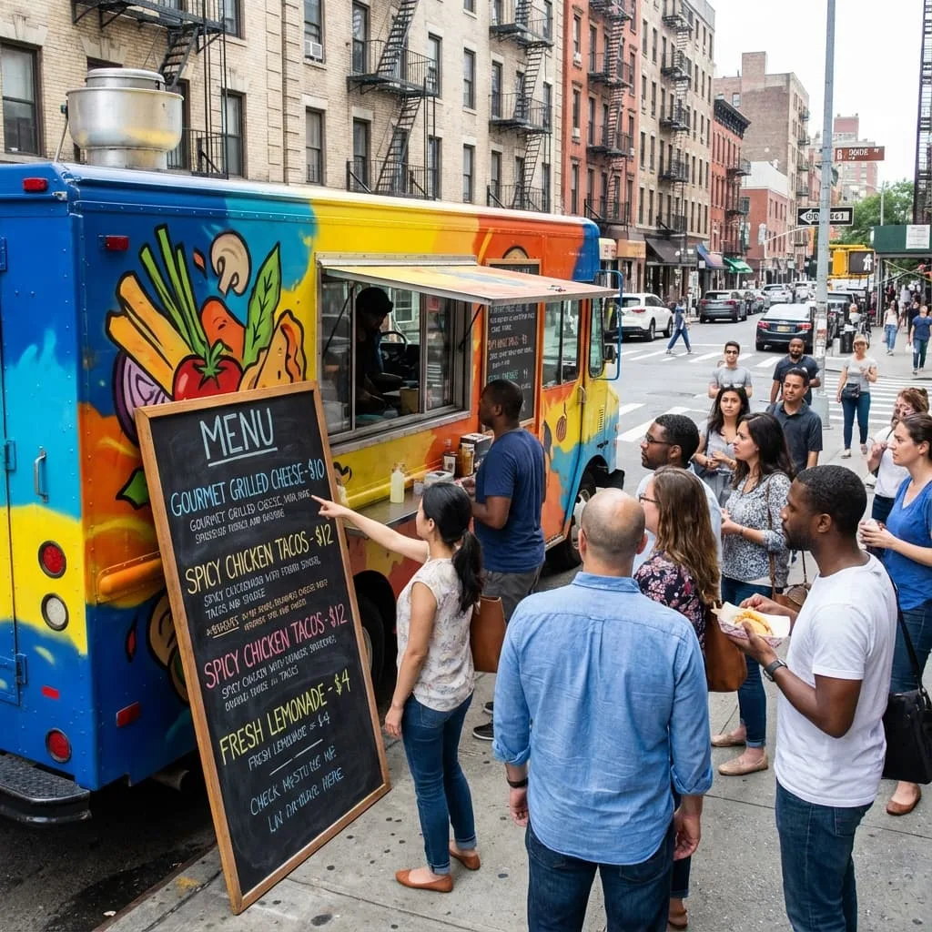 Busy food truck with long line of customers