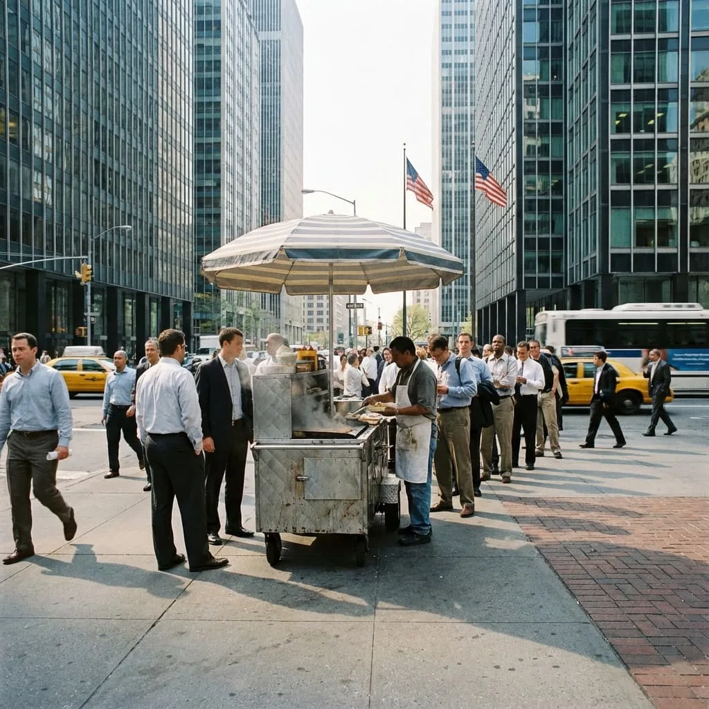 Food cart positioned strategically near busy area