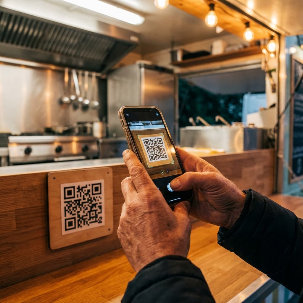 Cliente escaneando QR code no balcão do food truck