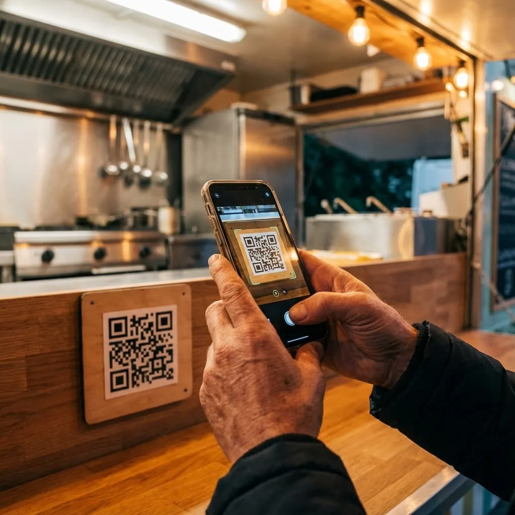 Customer scanning QR code at food truck counter