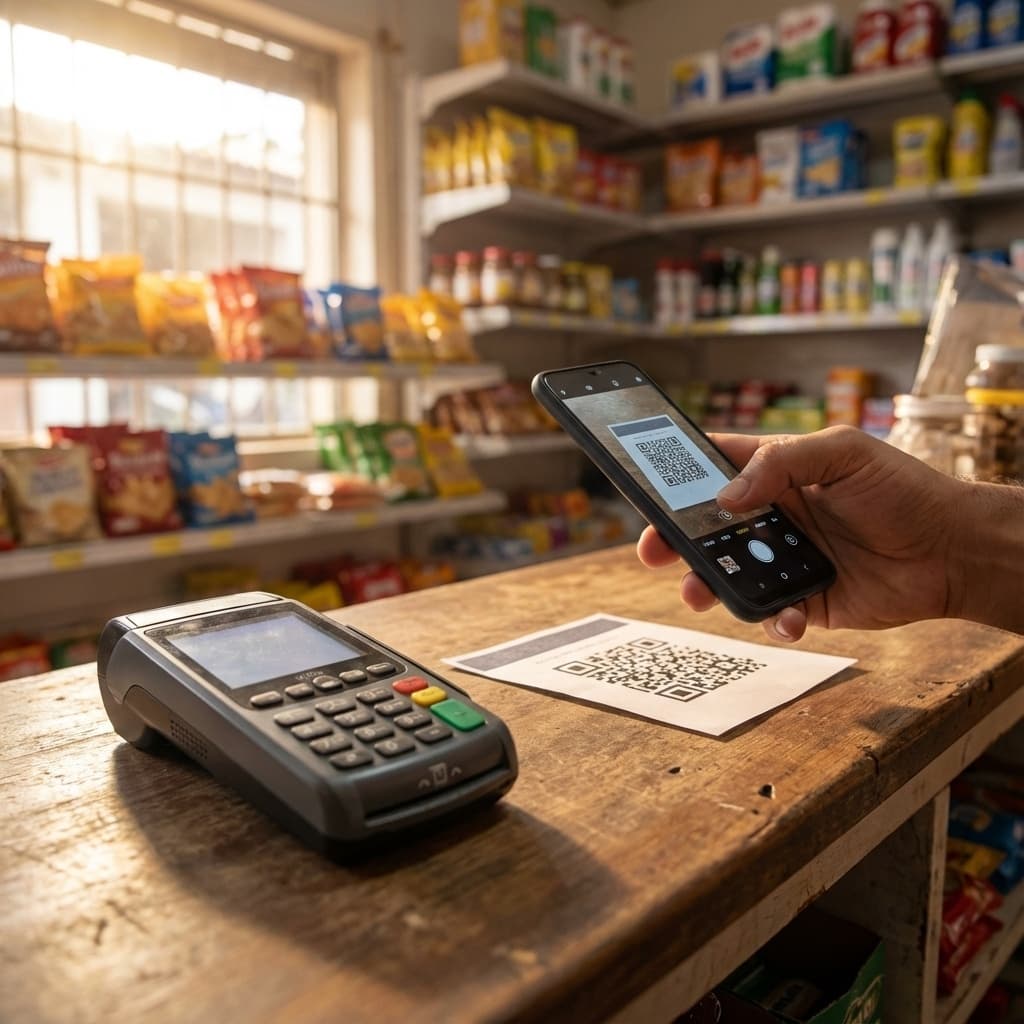 Cliente no balcão pronto para pagar olhando para QR Code de avaliação